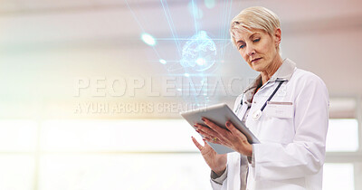 Buy stock photo Woman, doctor and tablet with global hologram, digital transformation and healthcare tech innovation. Analysis, overlay and mockup space, senior with 3D and online hospital system for future health