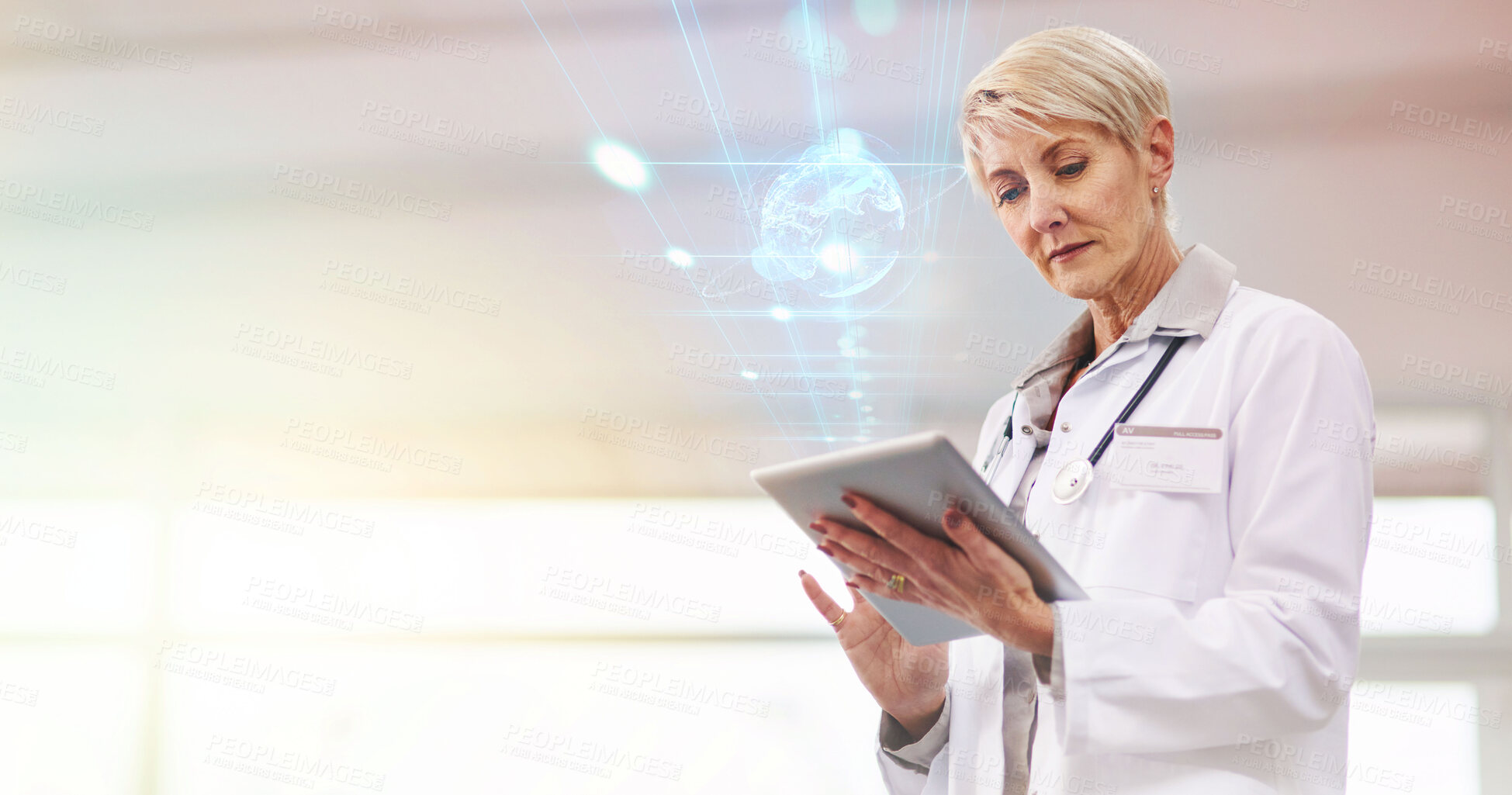 Buy stock photo Woman, doctor and tablet with global hologram, digital transformation and healthcare tech innovation. Analysis, overlay and mockup space, senior with 3D and online hospital system for future health