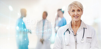 Buy stock photo Senior woman, doctor and digital transformation in portrait, healthcare and tech innovation with hologram. Medical research, overlay and mockup space, 3D and futuristic health with growth and service