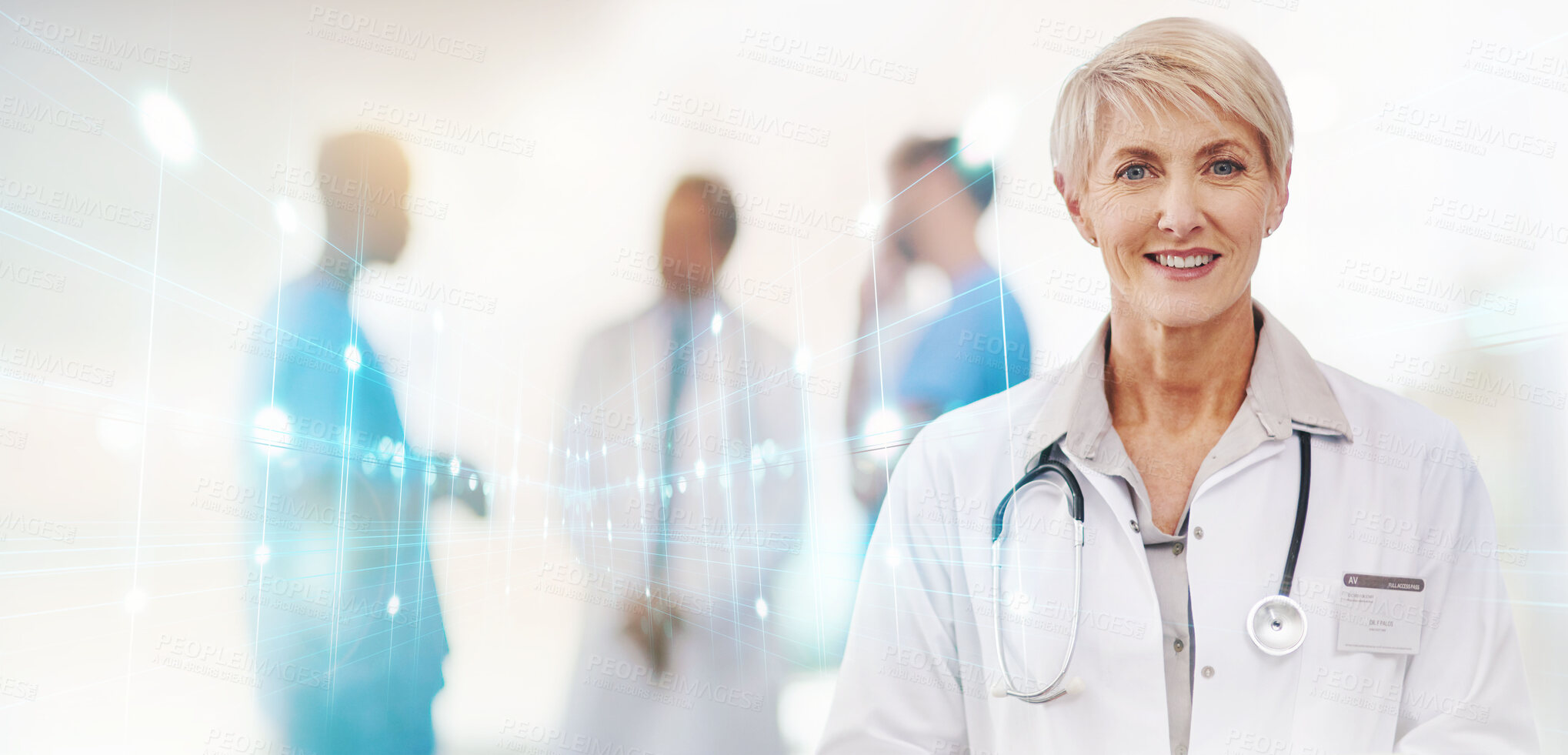 Buy stock photo Senior woman, doctor and digital transformation in portrait, healthcare and tech innovation with hologram. Medical research, overlay and mockup space, 3D and futuristic health with growth and service