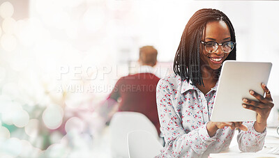 Buy stock photo Mockup, tablet and business black woman online for planning, social networking and internet. Banner space, corporate worker and happy person on digital tech for research, website and email in office