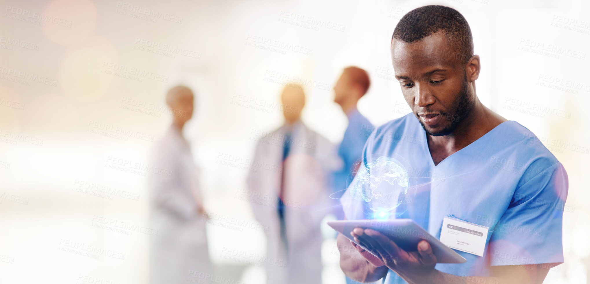 Buy stock photo Man, doctor and tablet with world hologram, digital transformation and healthcare with tech innovation. African medical professional, overlay and mockup space, 3D hospital system and future health