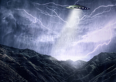 Buy stock photo Alien, spaceship and UFO with lightning on mountain for fantasy, science fiction and space abduction. Extraterrestrial, travel and flying saucer beam in rain for universe discovery, mystery or galaxy