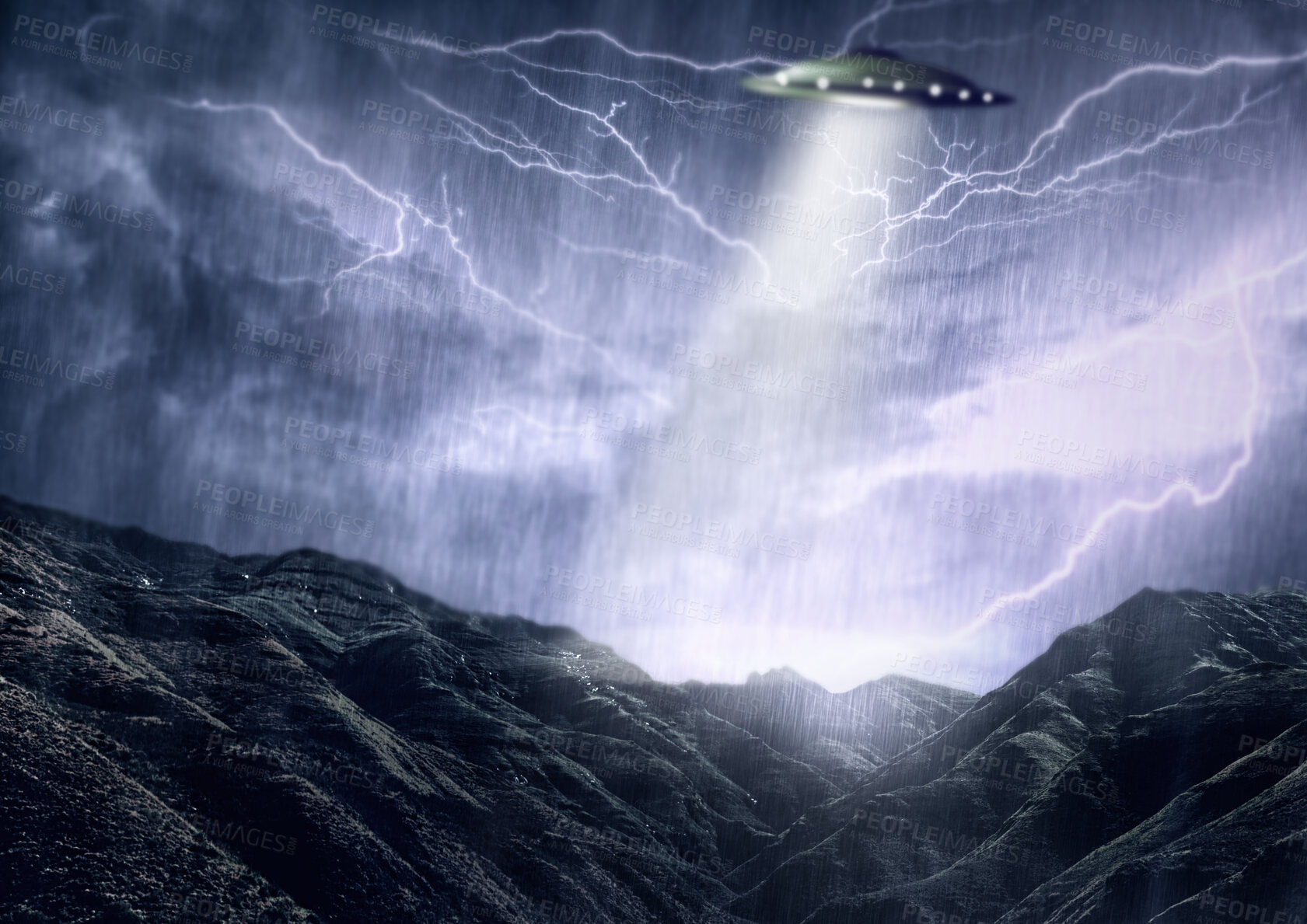 Buy stock photo Alien, spaceship and UFO with lightning on mountain for fantasy, science fiction and space abduction. Extraterrestrial, travel and flying saucer beam in rain for universe discovery, mystery or galaxy