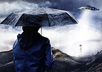 Rain umbrella, man and ufo of alien outdoor on spaceship in science fiction mystery on countryside adventure. Flying saucer, back and person with extraterrestrial object for night abduction in storm