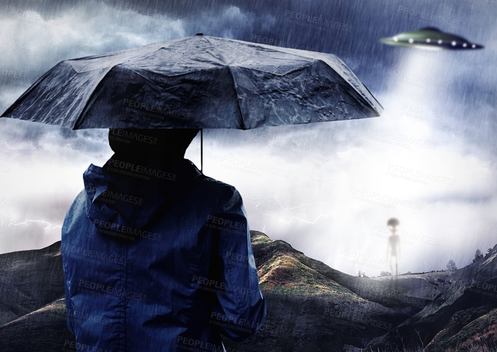 Buy stock photo Rain umbrella, man and ufo of alien outdoor on spaceship in science fiction mystery on countryside adventure. Flying saucer, back and person with extraterrestrial object for night abduction in storm