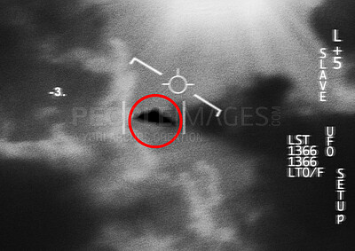 Buy stock photo Satellite image, UFO spaceship and view at night with FBI investigation and alien evidence. Surveillance, photo and area 51 recording of flying saucer and galaxy survey for mystery object in sky