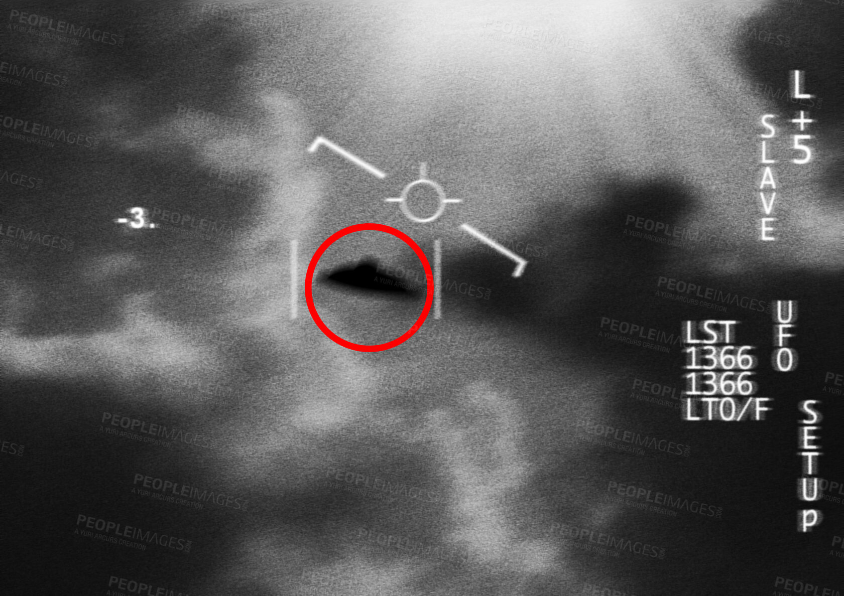 Buy stock photo Satellite image, UFO spaceship and view at night with FBI investigation and alien evidence. Surveillance, photo and area 51 recording of flying saucer and galaxy survey for mystery object in sky