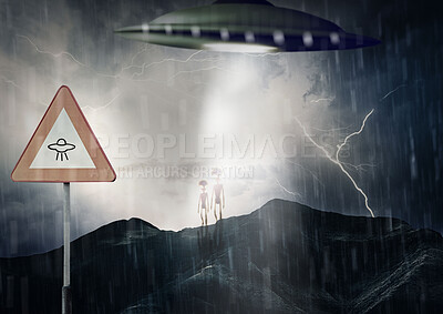 Buy stock photo Ufo, spaceship light and alien invasion on mountain for mission, science fiction and fantasy in sky. Spacecraft, nature and flying saucer from outer space for futuristic and mystery with spotlight