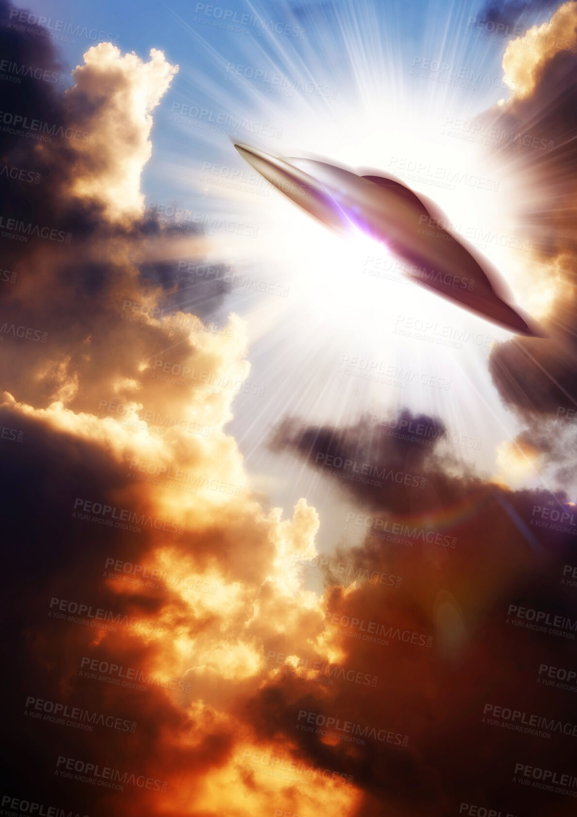 Buy stock photo UFO, alien spaceship and clouds in sky, speed and interstellar transportation, sci fi or terror. UAP ship, fast flying saucer and space travel in universe, galaxy or world with extraterrestrial tech