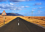 Alien, spaceship sign and road for abduction warning, science fiction and space fantasy. Area 51, travel mockup and signage for extraterrestrial caution in countryside, desert and natural landscape