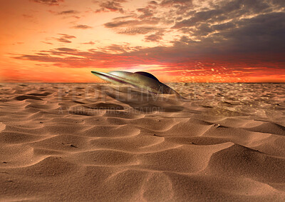 Buy stock photo UFO, travel and sand with spaceship, galaxy mission and fantasy with mystery, futuristic or contact. Science fiction, alien or universe with machine, flying saucer or discovery with glow or transport