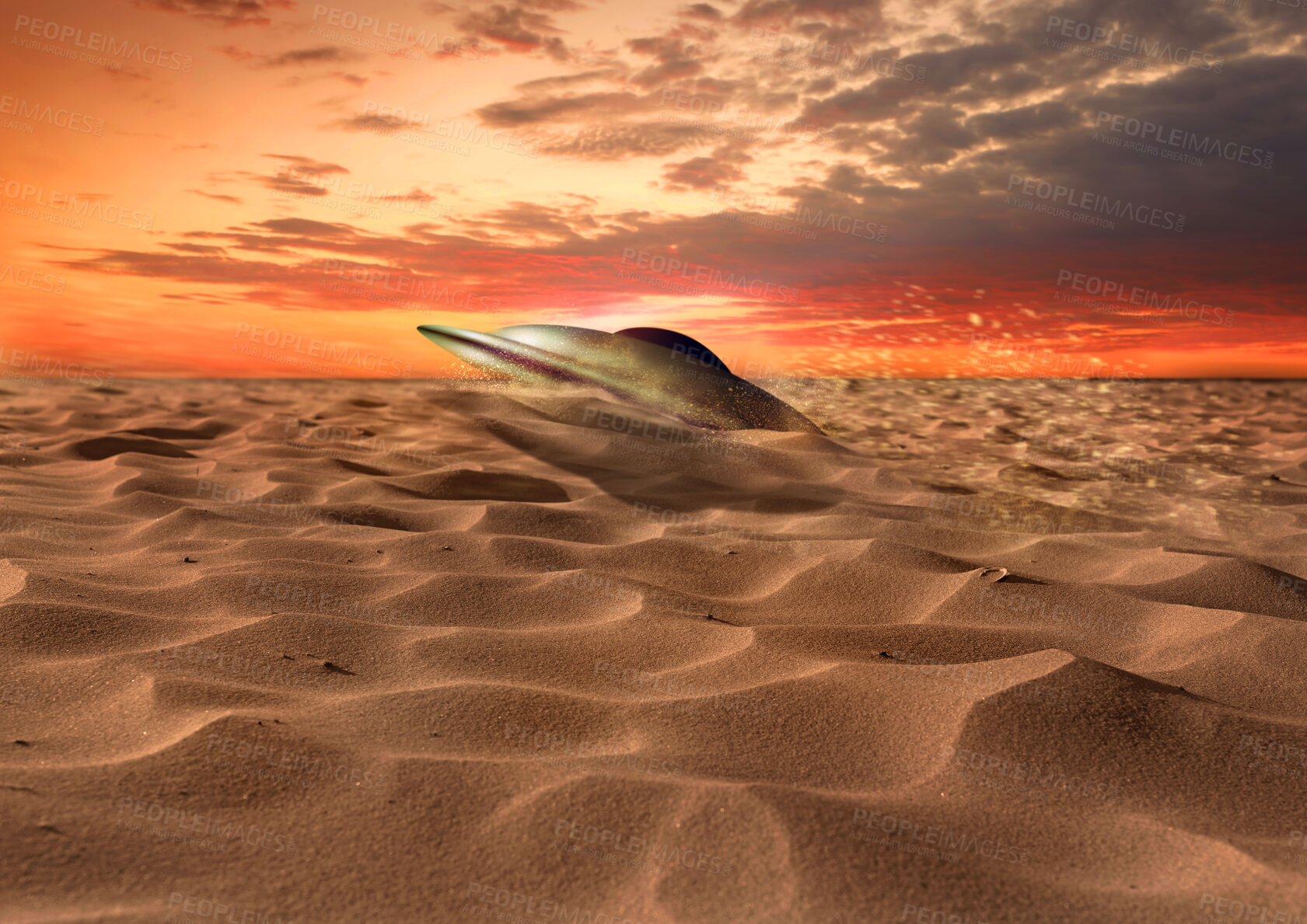 Buy stock photo UFO, travel and sand with spaceship, galaxy mission and fantasy with mystery, futuristic or contact. Science fiction, alien or universe with machine, flying saucer or discovery with glow or transport