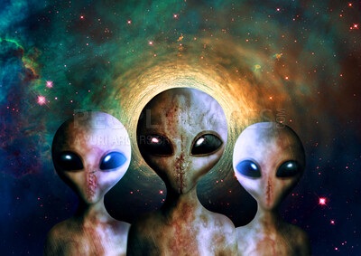 Buy stock photo Gray alien, group and face for invasion, interstellar travel and fantasy for sci fi art, stars or dark night. Extraterrestrial humanoid, sky or together on mission to search universe, galaxy or earth