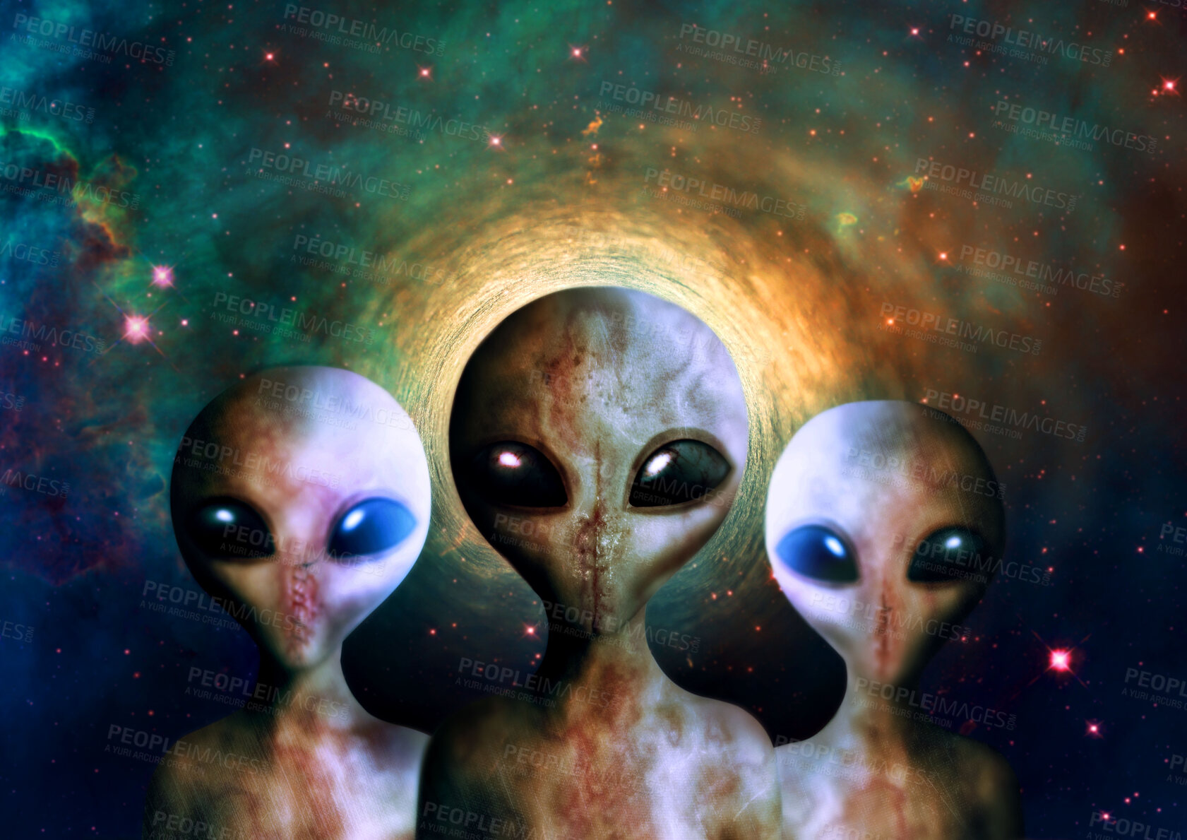 Buy stock photo Gray alien, group and face for invasion, interstellar travel and fantasy for sci fi art, stars or dark night. Extraterrestrial humanoid, sky or together on mission to search universe, galaxy or earth