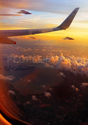 Buy stock photo Sci fi, alien and a ufo from the window of a plane flying in the sky during a space mission or invasion. Travel, spaceship and flight with an aircraft searching earth for life outside the galaxy