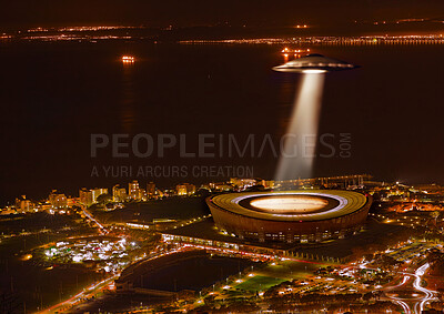 Buy stock photo UFO, lights and city in night, buildings and alien invasion for search, stadium or Cape Town. UAP spaceship, flying saucer or tractor beam in dark cityscape, metro or cbd for survey, flight or sci fi