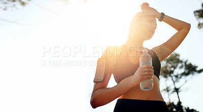 Buy stock photo Nature mockup, running or woman drinking water in park after training, workout or exercise to hydrate. Sunshine, fitness space or tired girl with bottle for healthy liquid hydration on resting break 