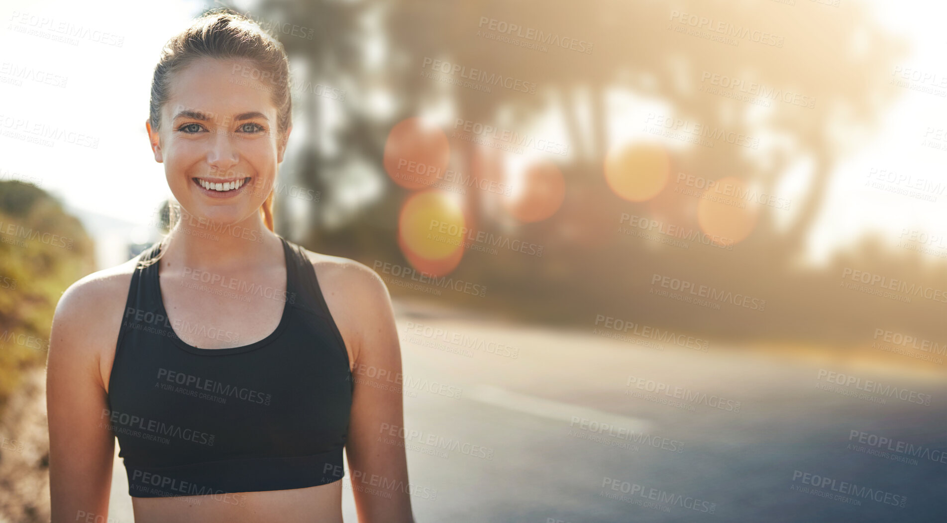 Buy stock photo Fitness, portrait and woman outdoor at sunset to workout, training or cardio exercise on bokeh. Sports, face and runner athlete on road in nature for wellness, healthy body and happy smile in Canada