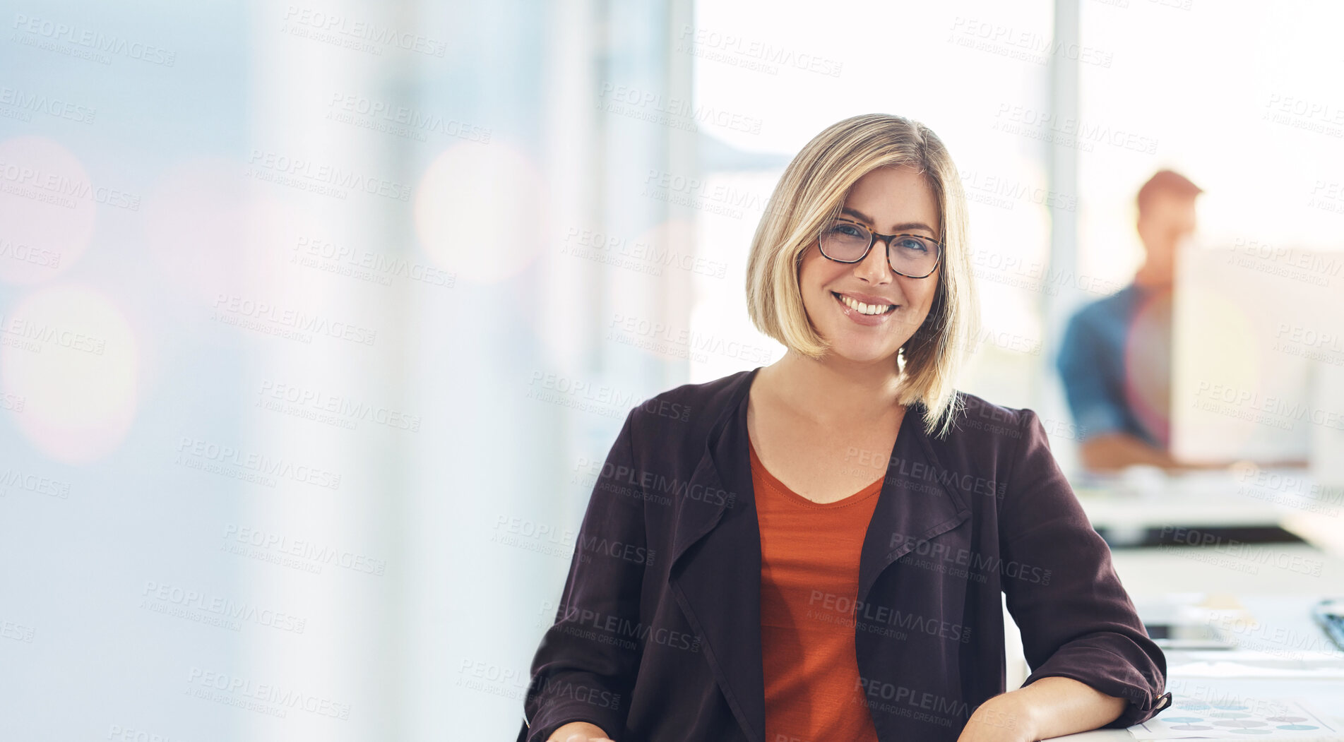 Buy stock photo Portrait, business woman and happy in office on bokeh, startup company or workplace. Face smile, designer and professional employee, creative worker and entrepreneur person in glasses on mockup space