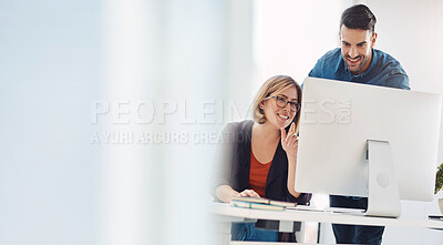 Buy stock photo Help, talking and business people with a computer for training, meeting or advice on a website. Happy, corporate and employees with a computer for a collaboration, feedback or reading an email