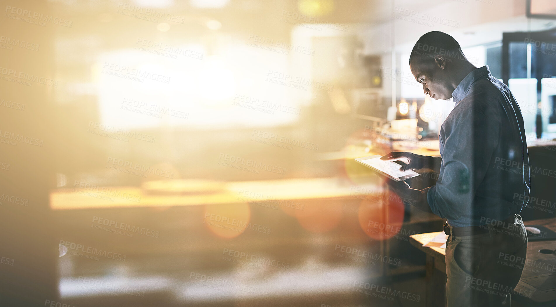 Buy stock photo Tablet, flare and double exposure with a business man in the office for research or innovation on mockup. Technology, future and networking with a young employee using the internet to search for info