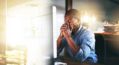 Buy stock photo Burnout, headache or tired black man in office with fatigue, problem or stress working overtime at night. Depression, computer or exhausted software developer frustrated by eye strain or migraine