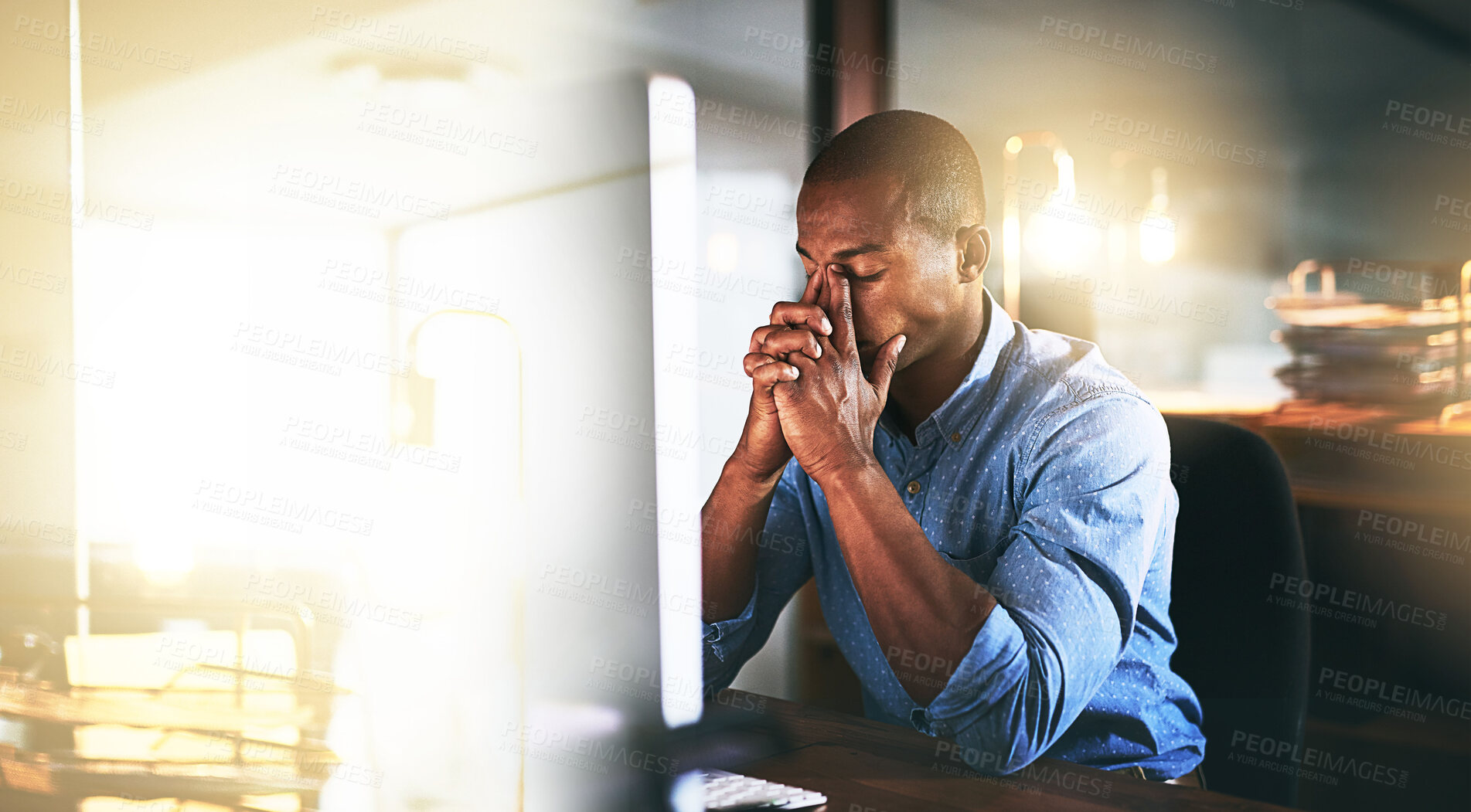 Buy stock photo Burnout, headache or tired black man in office with fatigue, problem or stress working overtime at night. Depression, computer or exhausted software developer frustrated by eye strain or migraine