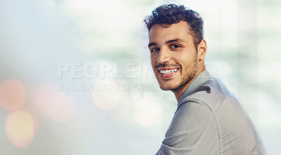 Buy stock photo Portrait, business man and smile in office on banner, startup company or workplace on bokeh. Face, designer and happy professional employee, creative worker and entrepreneur on mockup space in Brazil