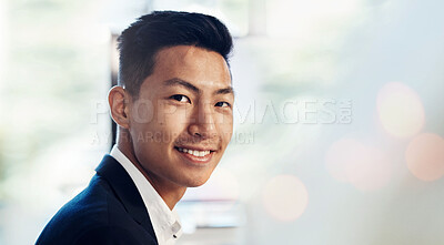 Buy stock photo Face of lawyer, business and happy Asian man in office, company and workplace bokeh. Portrait, attorney and professional employee, worker and legal advocate smile for career on mockup space in Japan