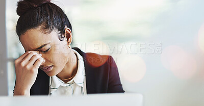 Buy stock photo Business, stress and woman with headache in office with vertigo, mistake or fail with laptop. Anxiety, burnout and female manager frustrated by glitch, 404 or online problem and mental health crisis