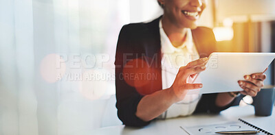 Buy stock photo Business woman, tablet and banner with planning, analytics and marketing research with analyst in office. Mockup space, bokeh and smile with data, digital report and paperwork with technology