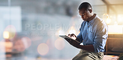 Buy stock photo Tablet, space and double exposure with a business man in the office for research or innovation on mockup. Technology, flare and networking with a young employee using the internet to search for info