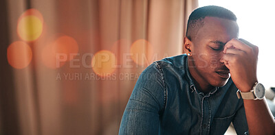 Buy stock photo Banner, headache and black man with burnout, fatigue and stress with medical problem, home and tired. Exhausted, African person or guy with a migraine, confused or health issue with pain or emergency