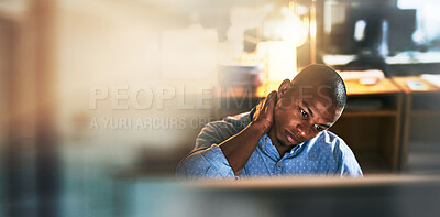 Buy stock photo Banner, neck pain and black man in office with computer, mockup and business fatigue at night. Stress, burnout and tired businessman at desk with muscle injury from overtime, working late or deadline