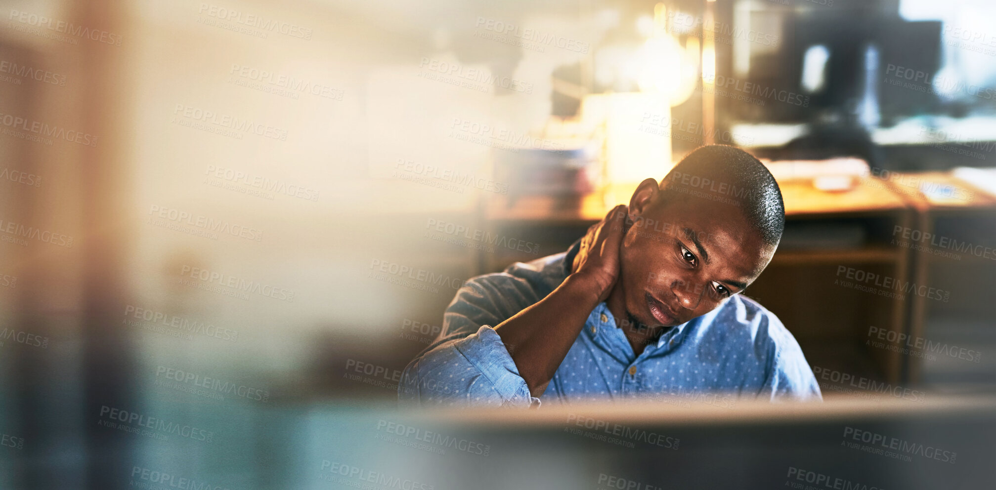 Buy stock photo Banner, neck pain and black man in office with computer, mockup and business fatigue at night. Stress, burnout and tired businessman at desk with muscle injury from overtime, working late or deadline