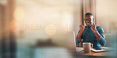 Buy stock photo Mockup, laptop or black man trading in office for success, goals or sales target in online achievement. Happy investor, bokeh or excited trader in celebration of winning on stock market bonus victory