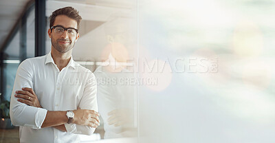 Buy stock photo Business man, arms crossed and portrait, banner and mockup space with smile, professional and career growth. Corporate, confidence and financial manager with bokeh, employee and mission with goals