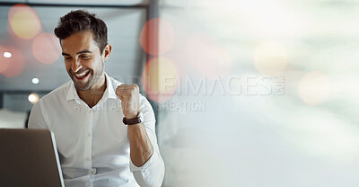 Buy stock photo Mockup, laptop or happy man trading with success, goals or sales target in online achievement in office. Proud investor, wow or excited trader in celebration of winning on stock market bonus victory