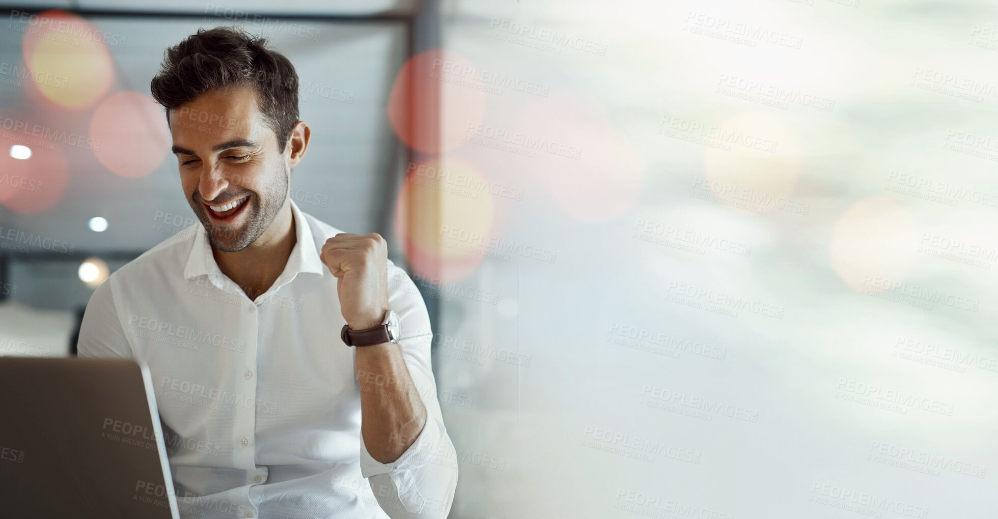 Buy stock photo Mockup, laptop or happy man trading with success, goals or sales target in online achievement in office. Proud investor, wow or excited trader in celebration of winning on stock market bonus victory