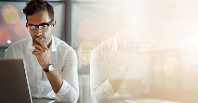 Buy stock photo Banner, computer and businessman in office in reflection with mockup, bokeh and ideas on business trading. Networking, online research and man reading email, thinking and insight space in workplace.