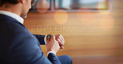 Buy stock photo Business, watch and man check time, office and mockup with career, schedule and corporate professional. Person, employee or worker with appointment, notification or network with technology or waiting