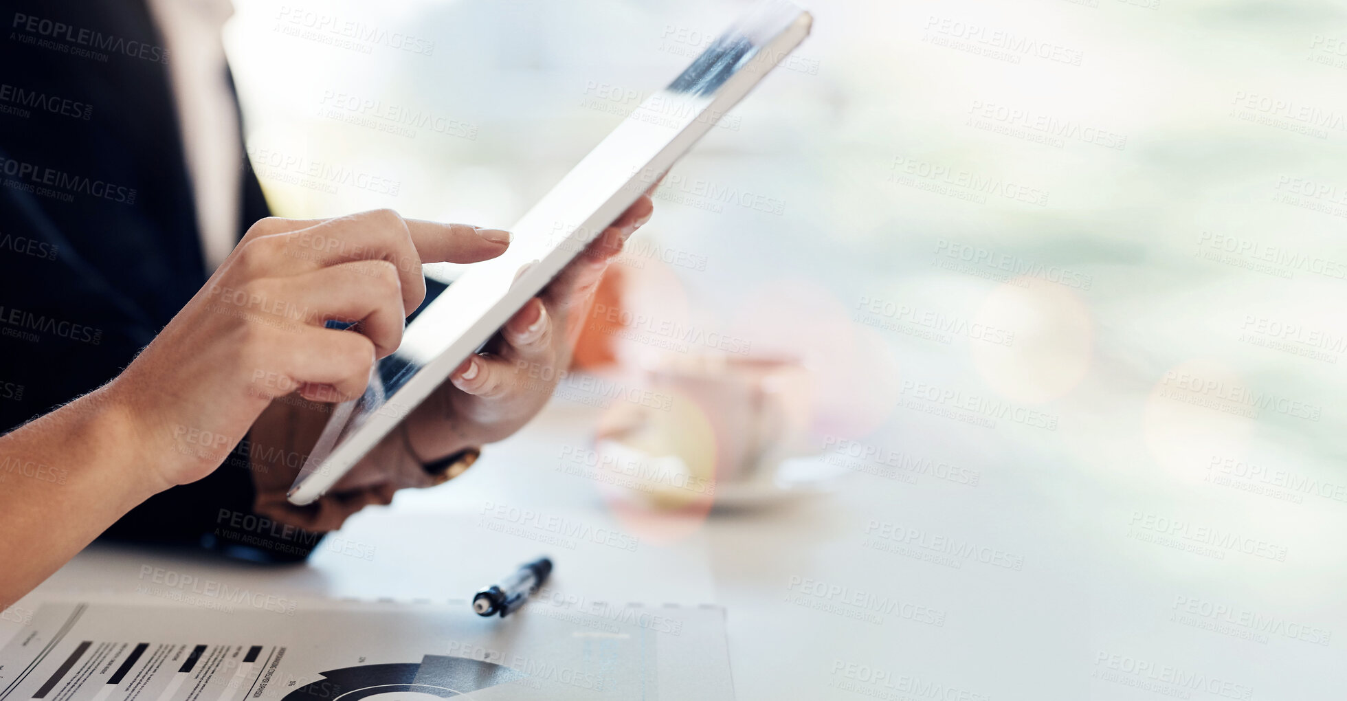 Buy stock photo Person, hands and tablet in research at office for online communication or networking on mockup space. Closeup of employee with technology in schedule planning, innovation or analysis at workplace