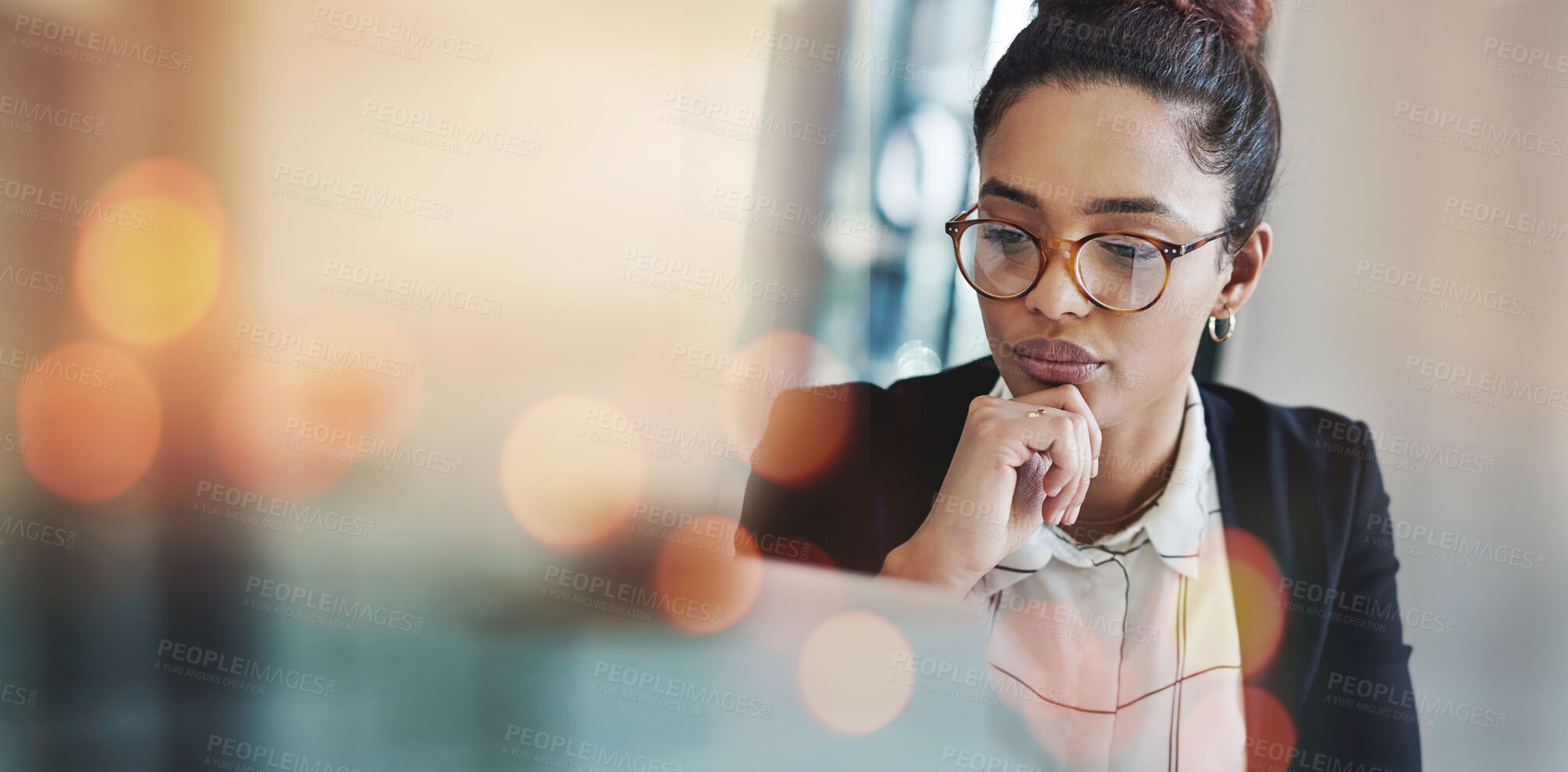 Buy stock photo Business woman, thinking and planning on computer for Human Resources solution, recruitment website or vision. Professional HR worker or employee ideas and problem solving on laptop and banner mockup