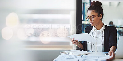 Buy stock photo Business woman, documents and data analytics review, human resources infographics or employee report in office mockup. Professional HR worker with paperwork, charts or statistics of payroll on banner