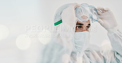 Buy stock photo Man, face mask and PPE with goggles and safety, Covid compliance with mockup space and bokeh. Health, protection gear and virus with healthcare banner, disinfection and medical person with danger