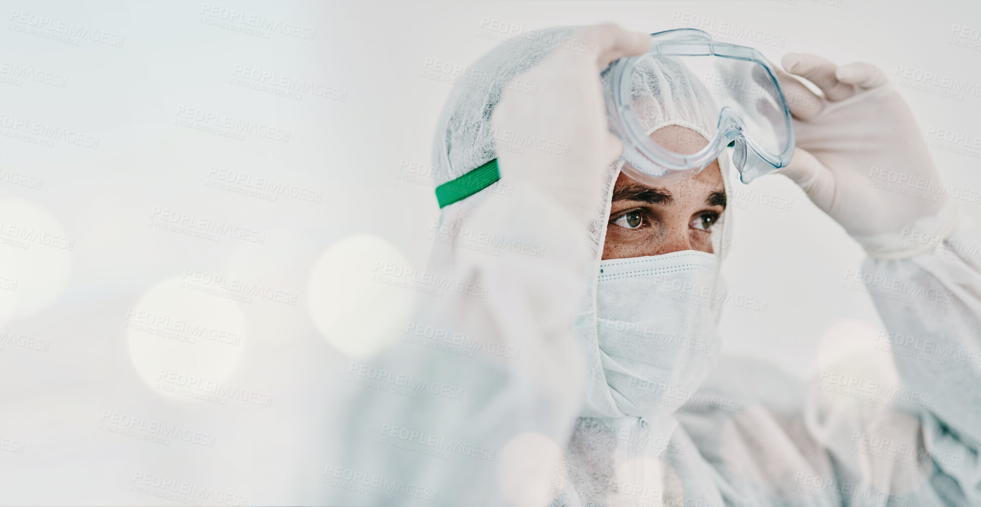 Buy stock photo Man, face mask and PPE with goggles and safety, Covid compliance with mockup space and bokeh. Health, protection gear and virus with healthcare banner, disinfection and medical person with danger