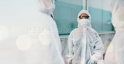 Buy stock photo PPE, quarantine and safety suit of lab worker and healthcare professional in a hospital or clinic. Cleaning, bacteria protection and face mask with virus, pharmacy and wellness research with bokeh