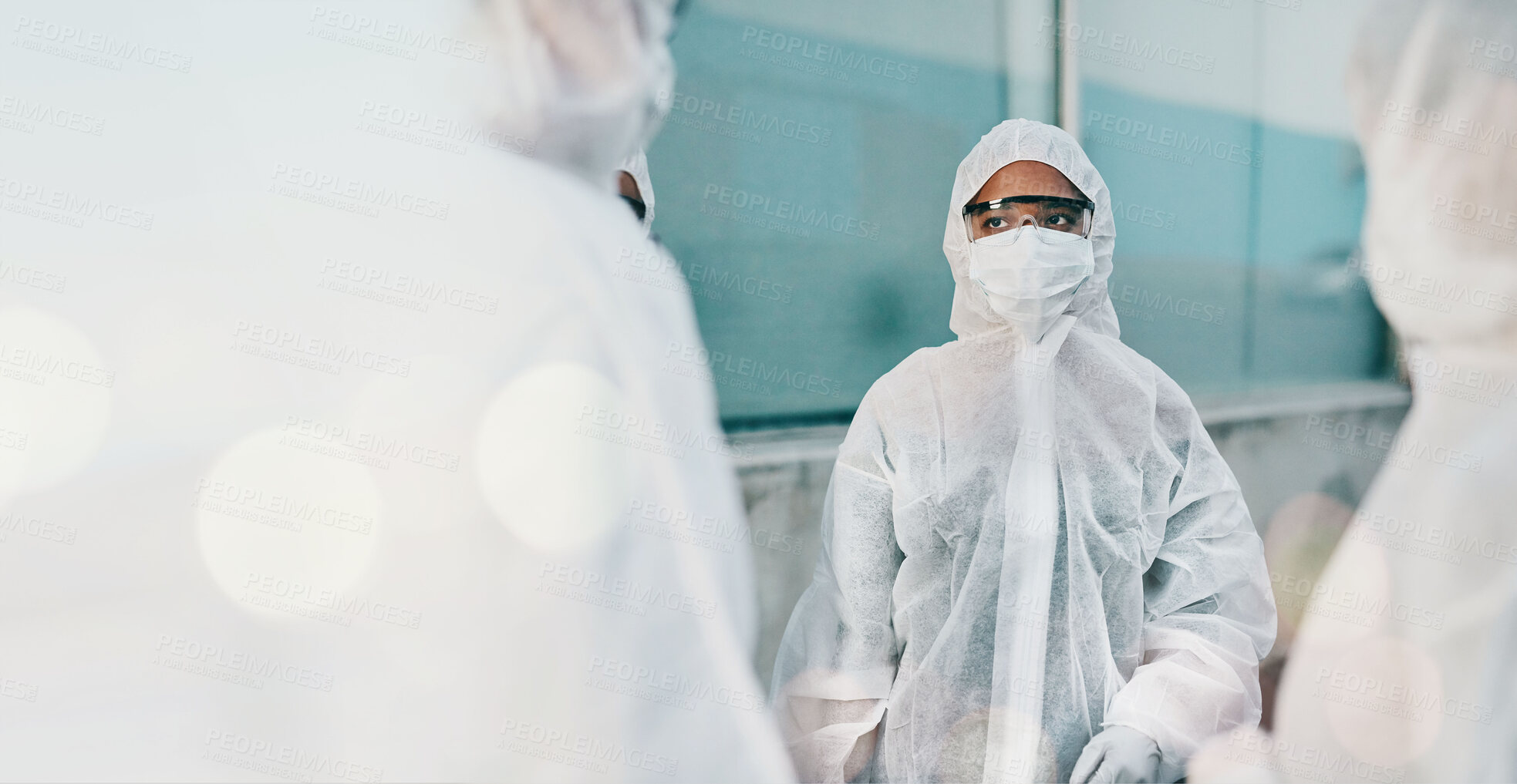 Buy stock photo PPE, quarantine and safety suit of lab worker and healthcare professional in a hospital or clinic. Cleaning, bacteria protection and face mask with virus, pharmacy and wellness research with bokeh