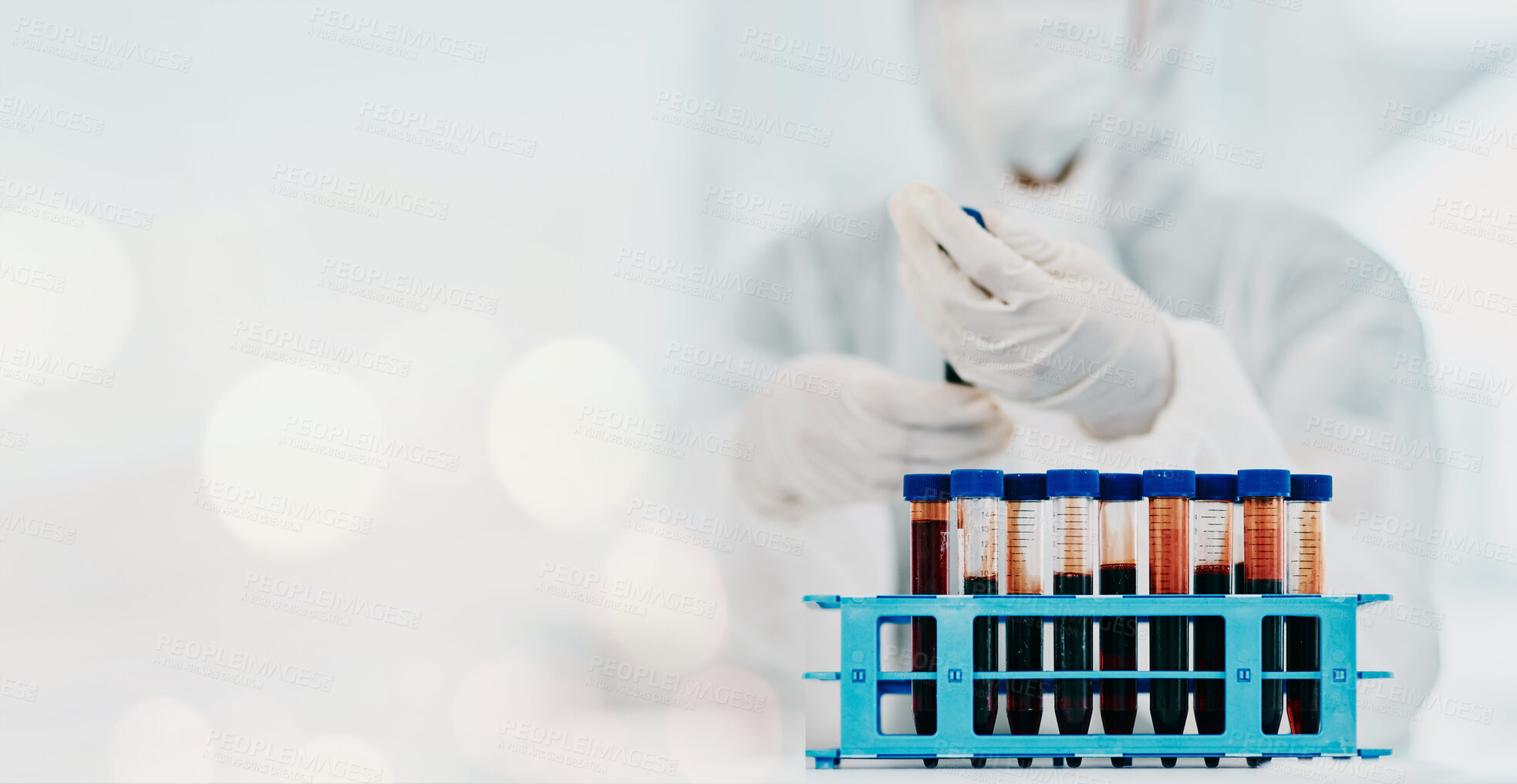 Buy stock photo Blood test, DNA and science, scientist and banner, health and medical research with mockup space. Bokeh, healthcare and sample in test tube for experiment, medicine person in PPE and pharmaceutical